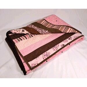 Handmade Pink Brown Patchwork Quilt Butterfly Polka Dot Stripe Blanket 52" x 39"